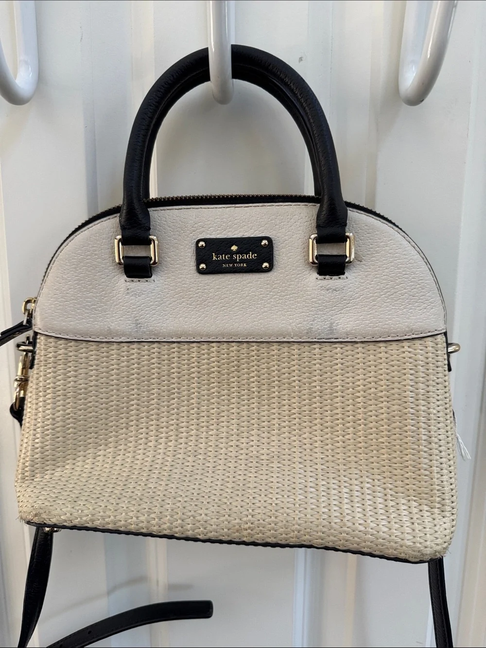 kate spade Cream and Black Textured Satchel with Crossbody Strap - Picture 2 of 10